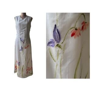 Vintage Pacino Avanti Hand Painted Floral Satin Midi Dress Cottage | EU 38/US 6